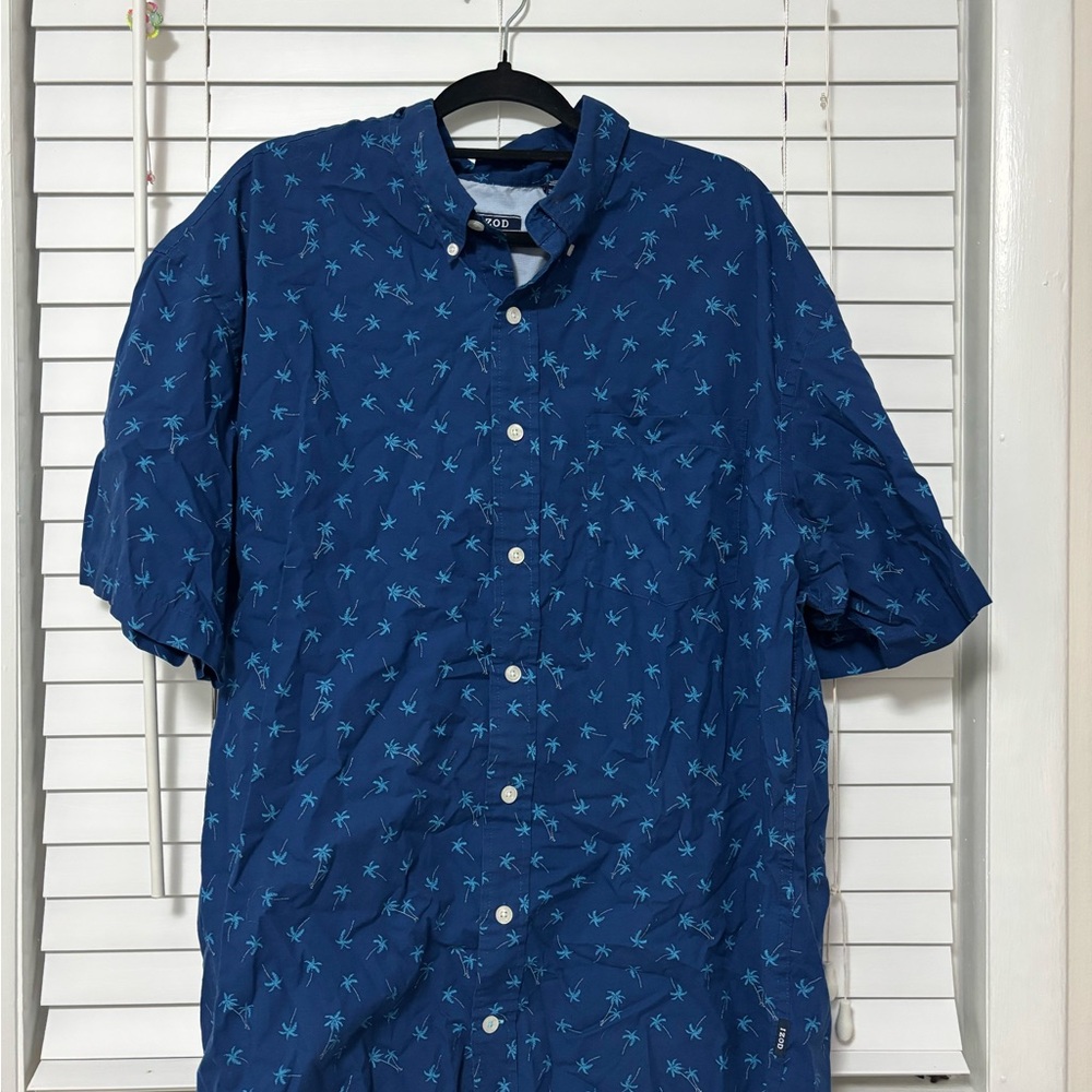 Izod Navy Palm Tree Print Casual Shirt